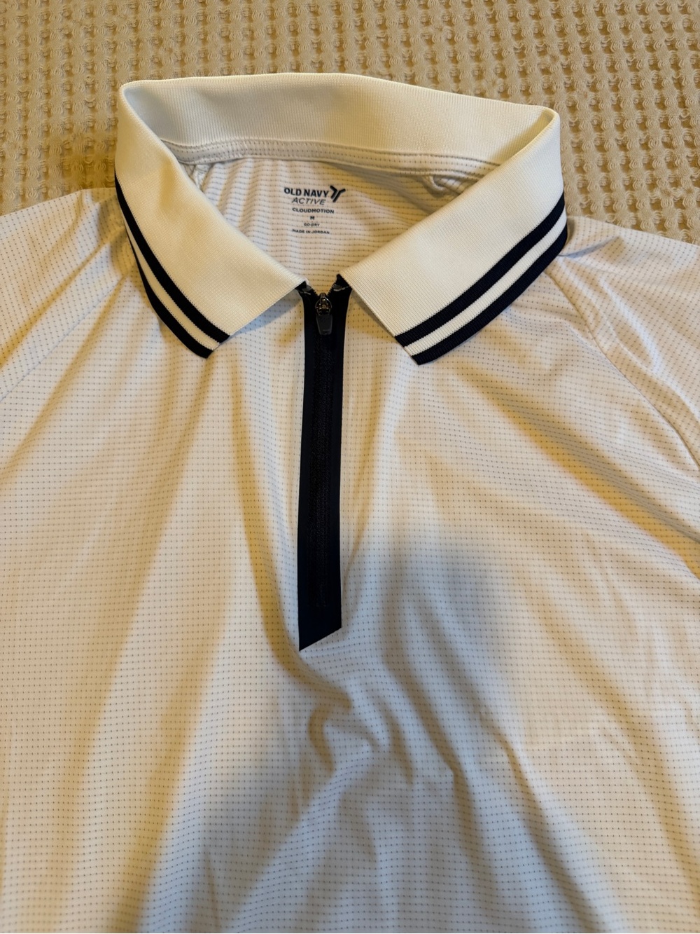 Old Navy White Polo with Navy Stripe Trim and Zip